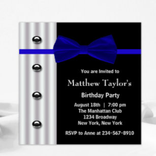 Blue Black Tuxedo Bow Tie Mens Birthday Party Invitation