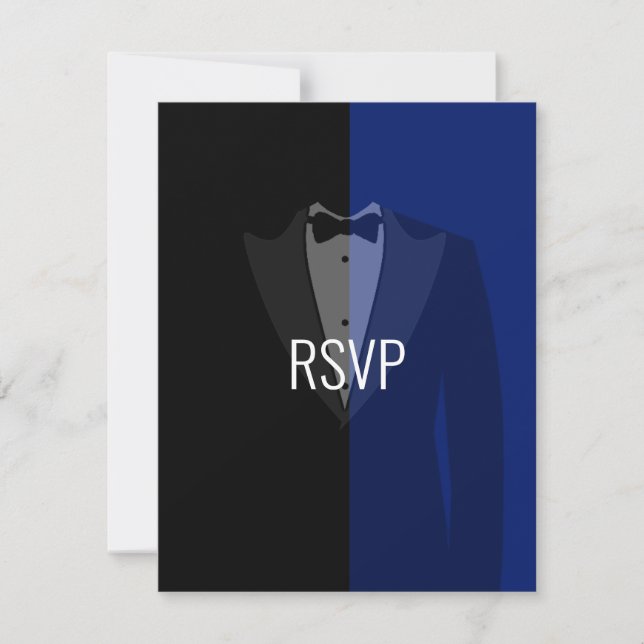 Blue black tuxedo poker bachelor party RSVP card (Front)