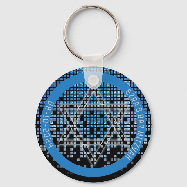 Blue Black Video Game Gamer Bar Mitzvah Key Ring (Front)