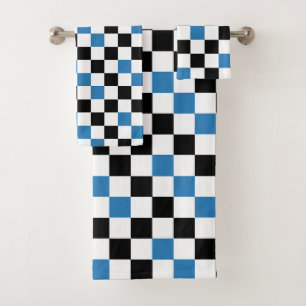 Blue Black White Chequered Pattern Design Bath Towel Set