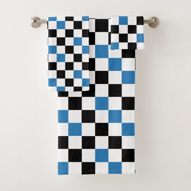 Blue Black White Chequered Pattern Design  Bath Towel Set (Insitu)