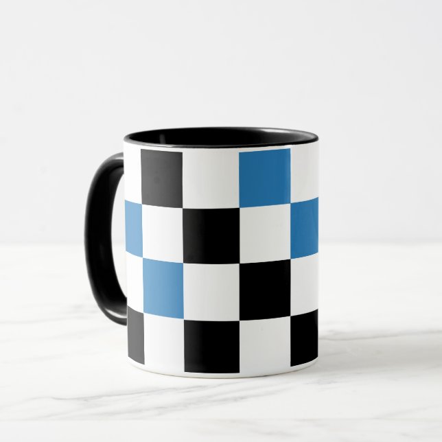 Blue Black White Chequered Pattern Design  Mug (Front Left)