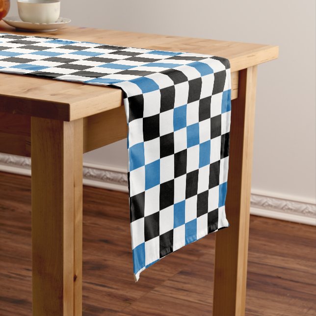 Blue Black White Chequered Pattern Design  Short Table Runner (In Situ)