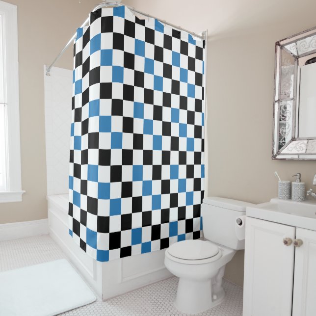 Blue Black White Chequered Pattern Design  Shower Curtain (In Situ)