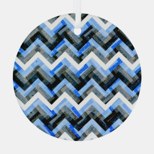 Blue Black White Chevron Textured Glass Tree Decoration