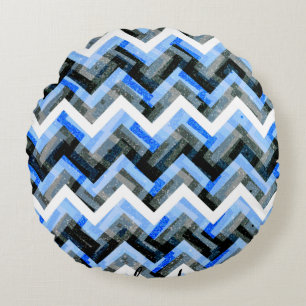Blue Black White Chevron Textured Round Cushion