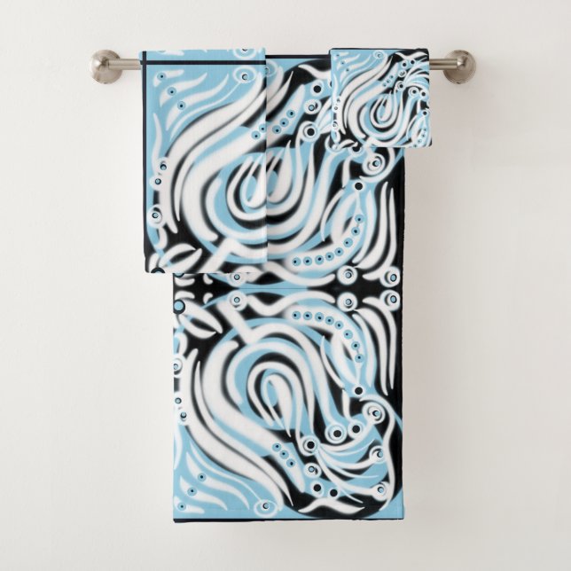 Blue Black White Curly Abstract Pattern  Bath Towel Set (Insitu)
