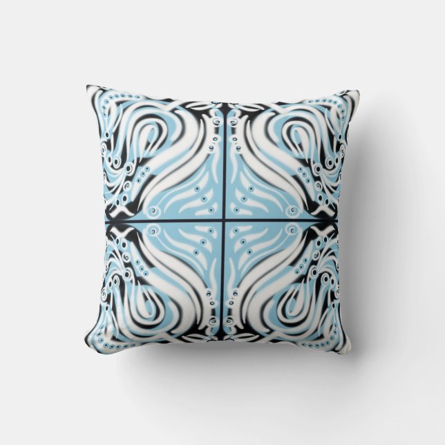 Blue Black White Curly Abstract Pattern  Cushion (Front)