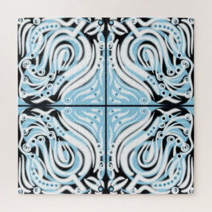 Blue Black White Curly Abstract Pattern Jigsaw Puzzle
