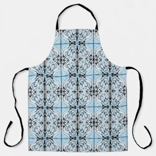 Blue Black White Curly Abstract Repeat Pattern  Apron