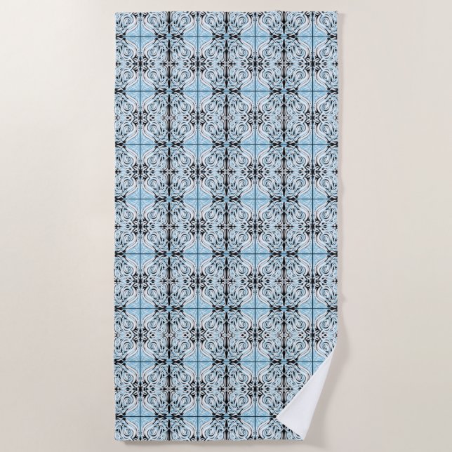 Blue Black White Curly Abstract Repeat Pattern  Beach Towel (Front)