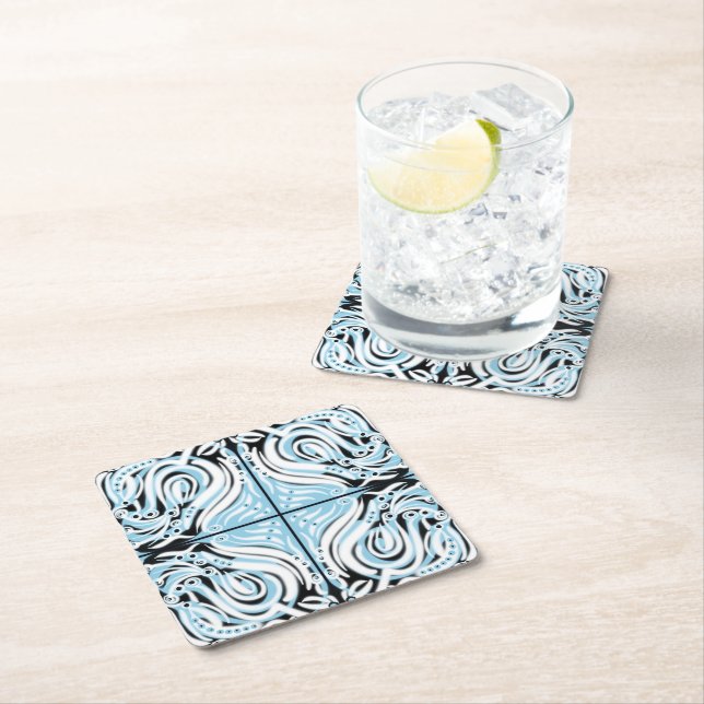 Blue Black White Curvy Abstract Pattern  Square Paper Coaster (Insitu)