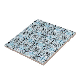 Blue Black White Curvy Abstract Repeat Pattern  Ceramic Tile