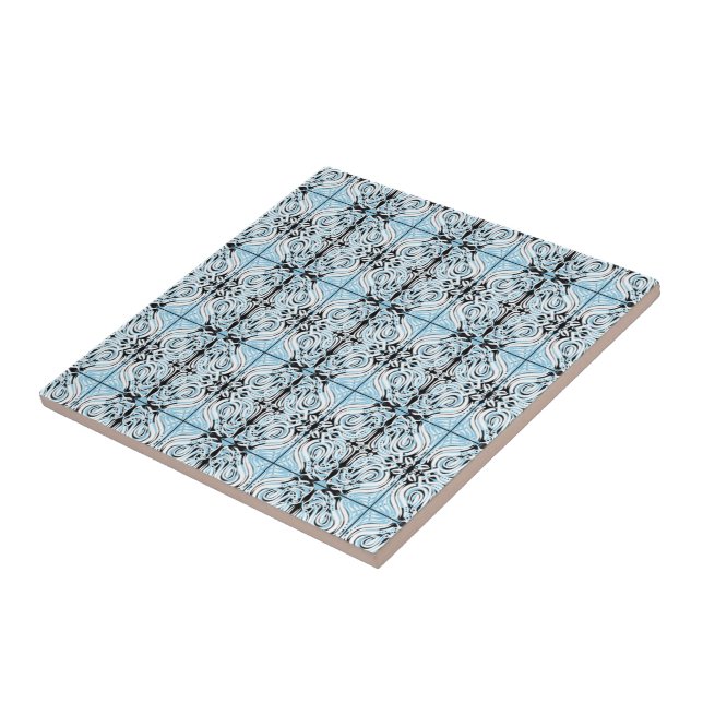 Blue Black White Curvy Abstract Repeat Pattern  Ceramic Tile (Side)