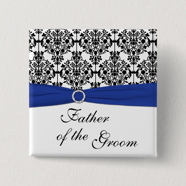 Blue Black White Damask Father of the Groom Pin (Front)
