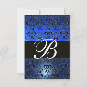 BLUE BLACK WHITE DAMASK MONOGRAM RSVP INVITATION