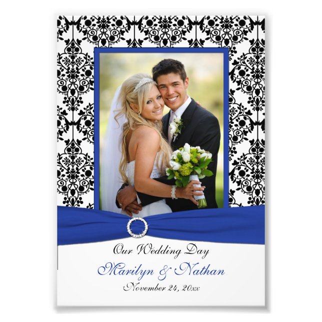 Blue, Black, White Damask Wedding Photo Print (Front)