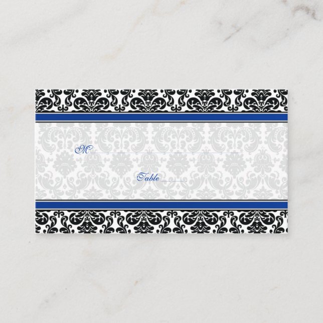 Blue, Black, White Damask Wedding Place Cards (Front)