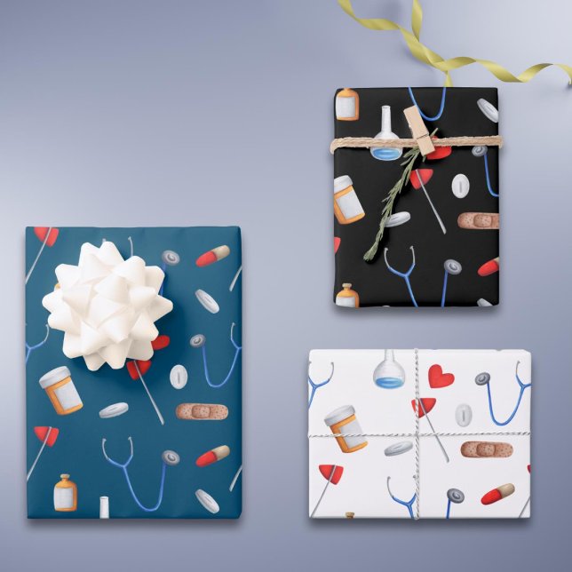 Blue Black White Doctor Nurse Equipment Gift Wrapping Paper Sheet (Creator Uploaded)