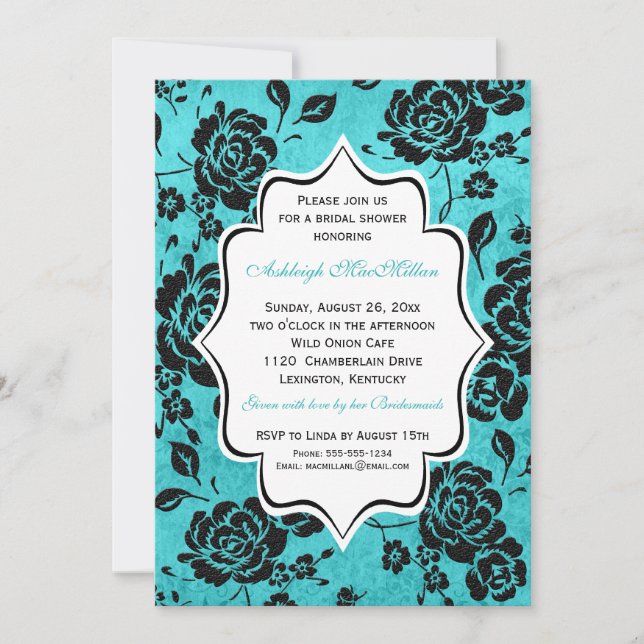 Blue Black White Floral Damask Bridal Shower Invitation (Front)