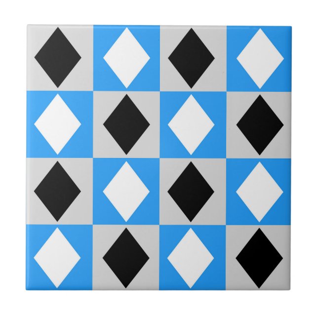 Blue Black White Geometric Rhombus Diamond Ceramic Tile (Front)