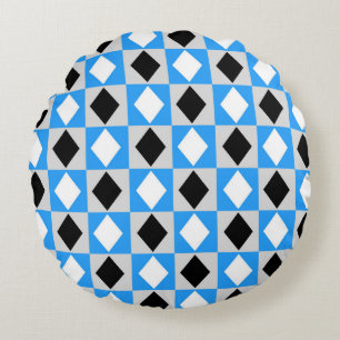 Blue Black White Geometric Rhombus Diamond Round Cushion