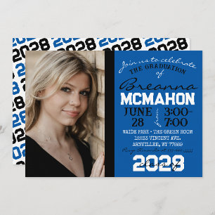 Blue, Black & White Graduation Photo Invitation