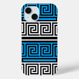 Blue Black White Greek Key Fret Pattern Design iPhone 15 Case