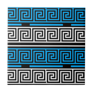 Blue Black White Greek Key Fret Pattern Design  Ceramic Tile