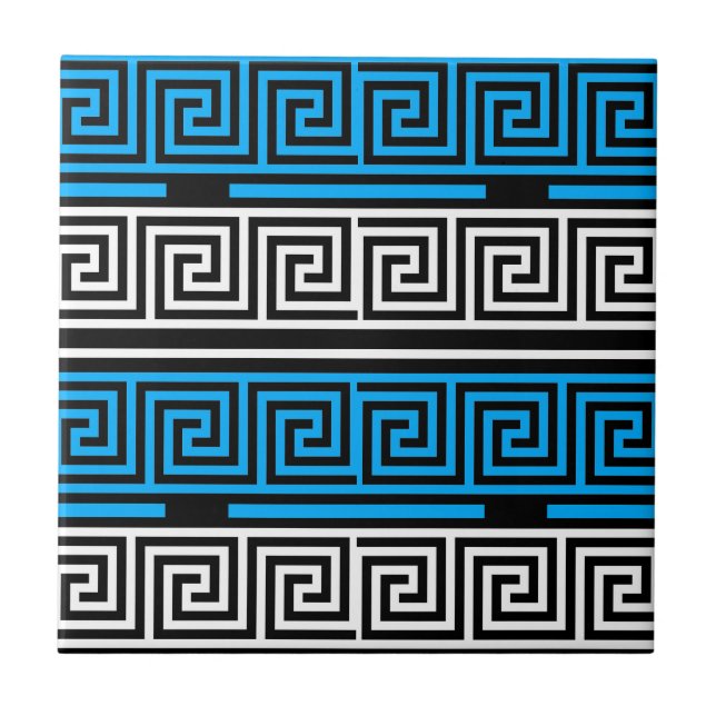 Blue Black White Greek Key Fret Pattern Design  Ceramic Tile (Front)