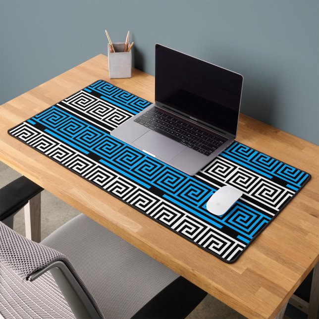 Blue Black White Greek Key Fret Pattern Design  Desk Mat (Creator Uploaded)