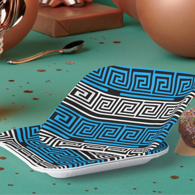Blue Black White Greek Key Fret Pattern Design  Paper Plate (Creator Uploaded)