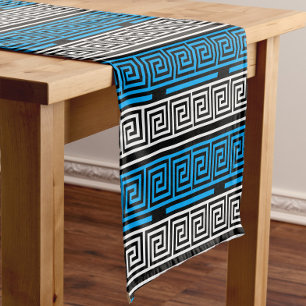 Blue Black White Greek Key Fret Pattern Design Short Table Runner