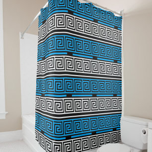 Blue Black White Greek Key Fret Pattern Design Shower Curtain