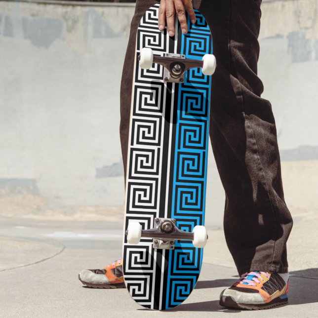 Blue Black White Greek Key Fret Pattern Design  Skateboard (Creator Uploaded)