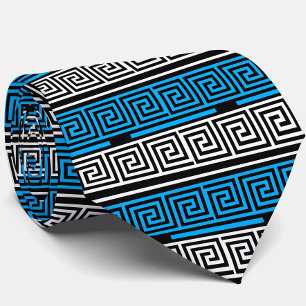 Blue Black White Greek Key Fret Pattern Design Tie