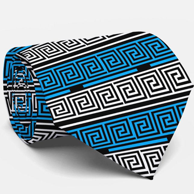 Blue Black White Greek Key Fret Pattern Design  Tie (Creator Uploaded)