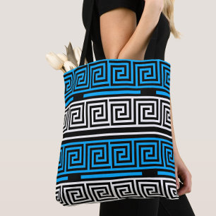 Blue Black White Greek Key Fret Pattern Design Tote Bag