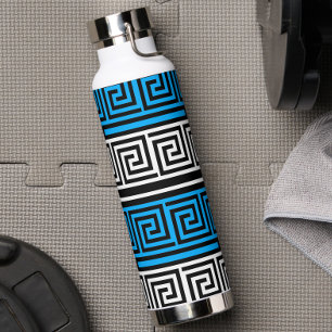 Blue Black White Greek Key Fret Pattern Design Water Bottle