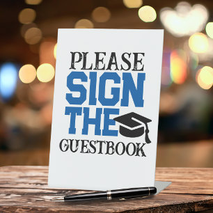 Blue, Black & White Guestbook Graduation Table Pedestal Sign