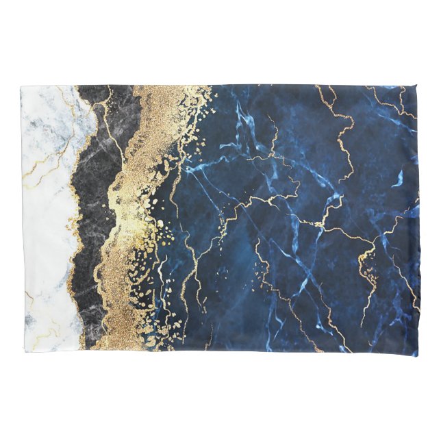 Blue Black White Marble Glam Pillowcase (Front)