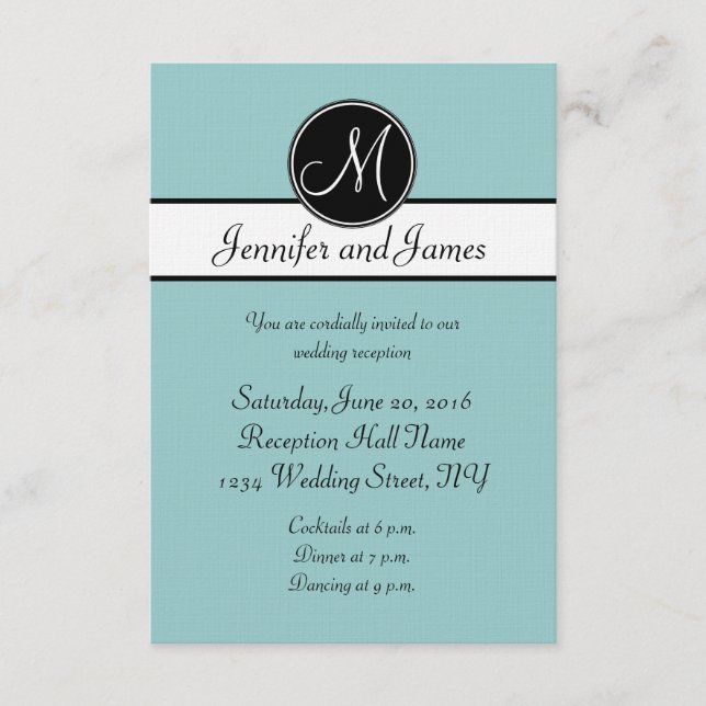 Blue Black White Monogram Wedding Reception Cards (Front)