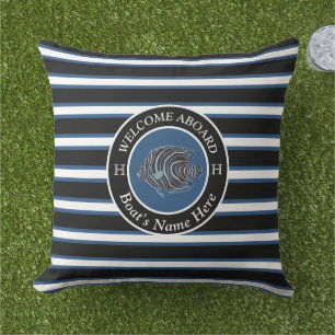 Blue Black White  Nautical Boat Name Fish Welcome Cushion