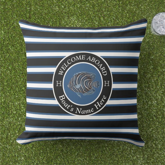 Blue Black White  Nautical Boat Name Fish Welcome Cushion (Grass)