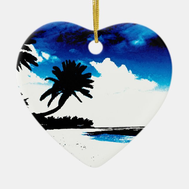 Blue Black White palm Tree Silhouette Ceramic Ornament (Front)