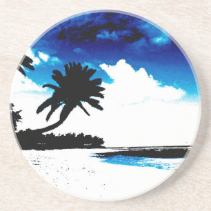 Blue Black White palm Tree Silhouette Coaster