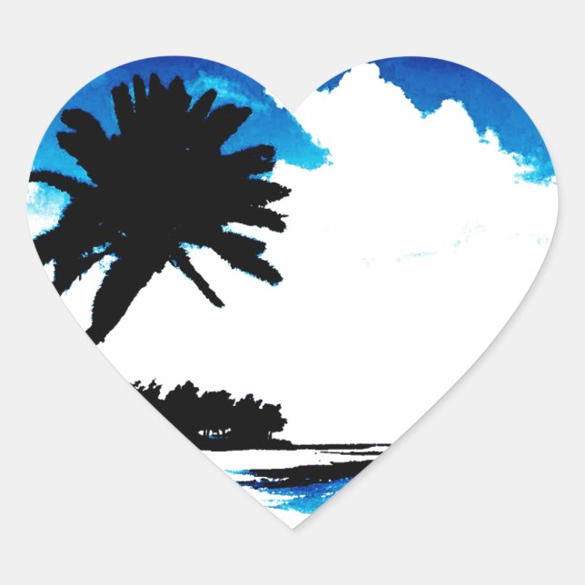Blue Black White palm Tree Silhouette Heart Sticker (Front)