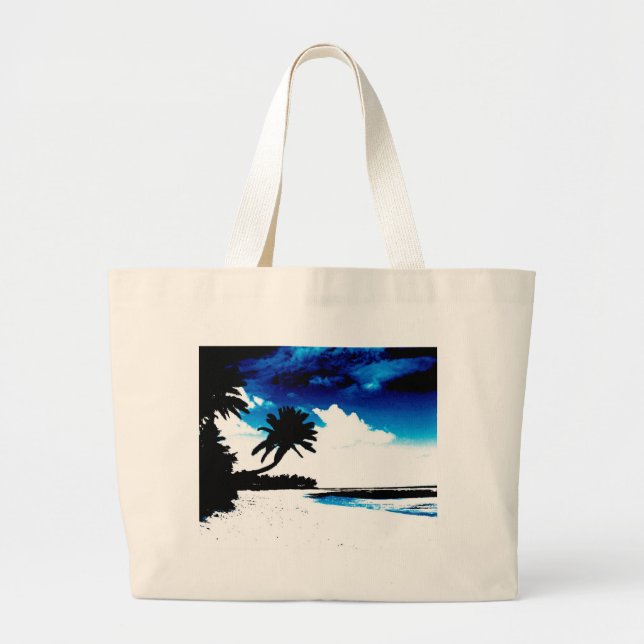 Blue Black White palm Tree Silhouette Large Tote Bag (Front)