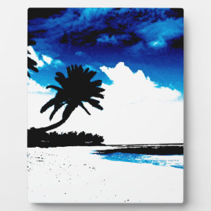 Blue Black White palm Tree Silhouette Plaque
