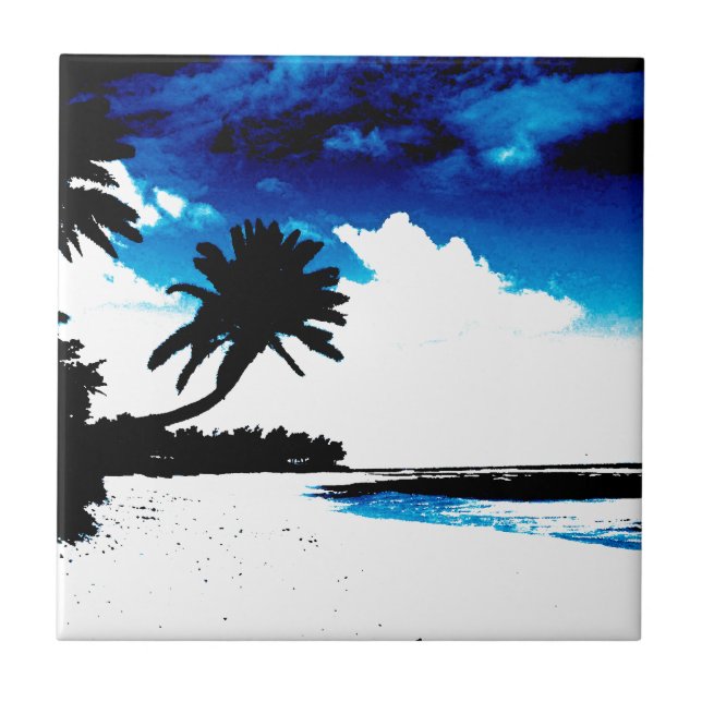 Blue Black White palm Tree Silhouette Tile (Front)